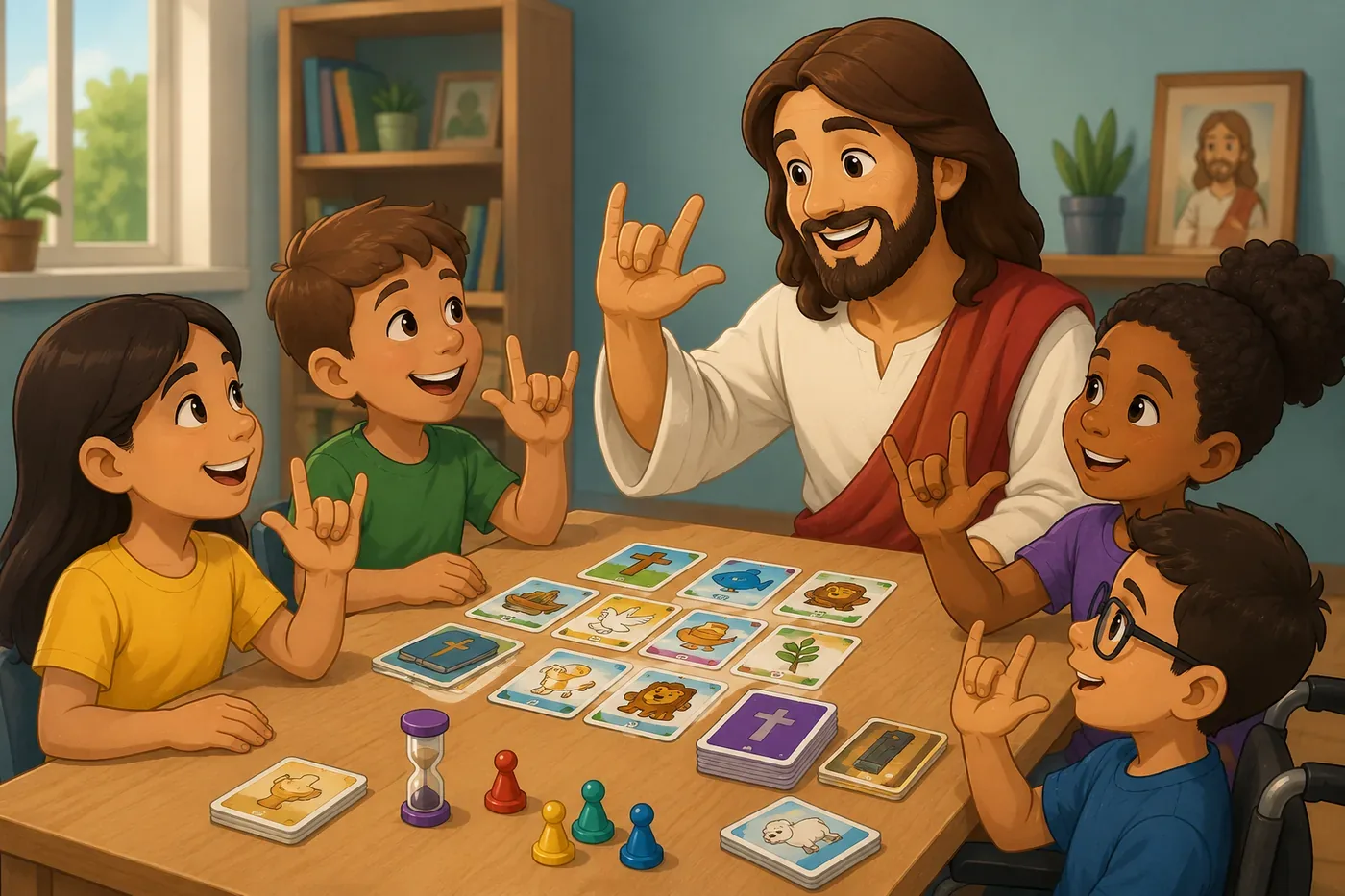 Imagem de crianças em atividade com jogos bíblicos em Libras